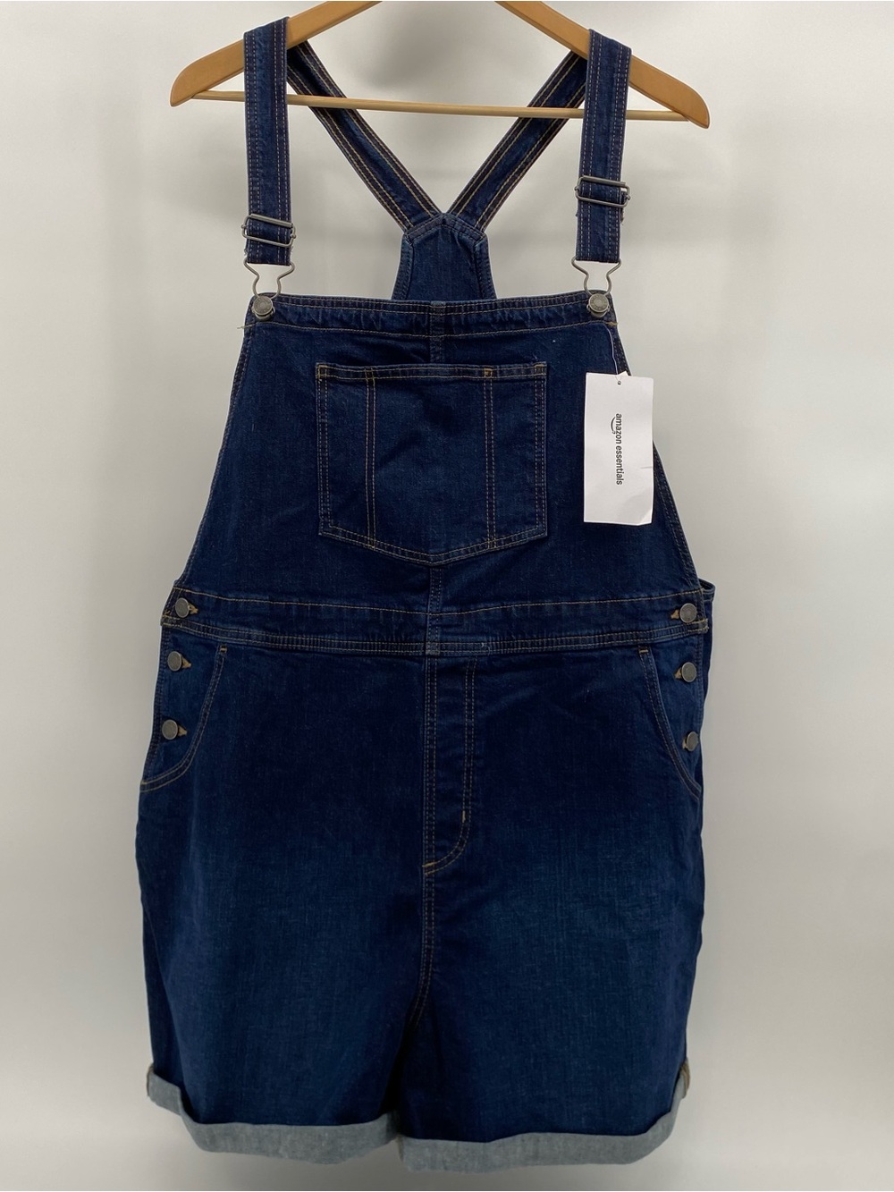 NWT Amazon Essentials Dark Blue Denim Shorts Overalls with Contrast Stitching